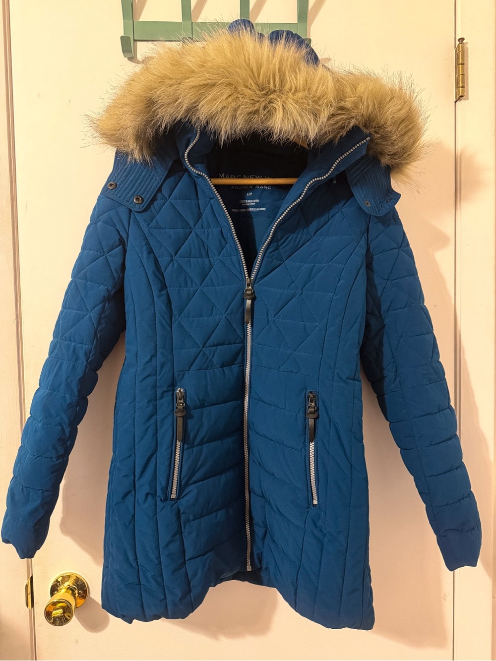 Andrew Marc New York Women's Quilted Blue Hooded Coat with Faux Fur Trim